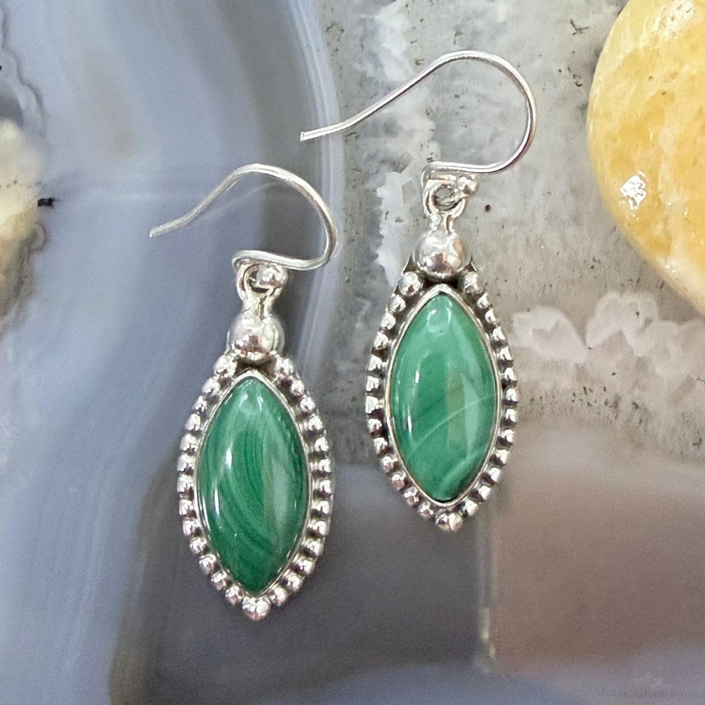 Sterling Silver Southwestern Style Marquise Malachite Dangle Earrings For Women