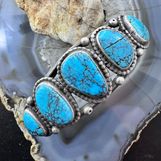 Vintage Native American Silver 7 Turquoise Decorated Flexible Bracelet For Men