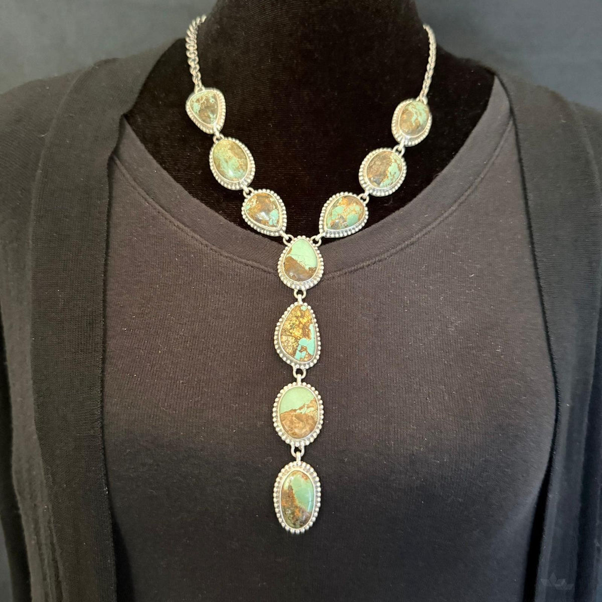 Sterling Silver Southwestern Style Montezuma Turquoise Lariat 23" Necklace For Women