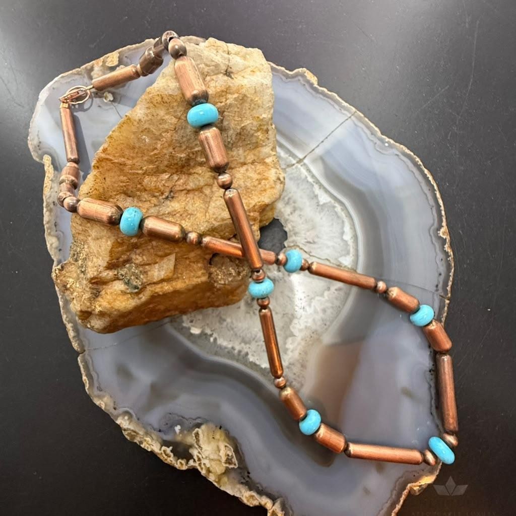 Southwestern Style 5-6mm Copper Navajo Pearl Round & Cylinder w/Royal Beauty Turquoise 20" Necklace For Women