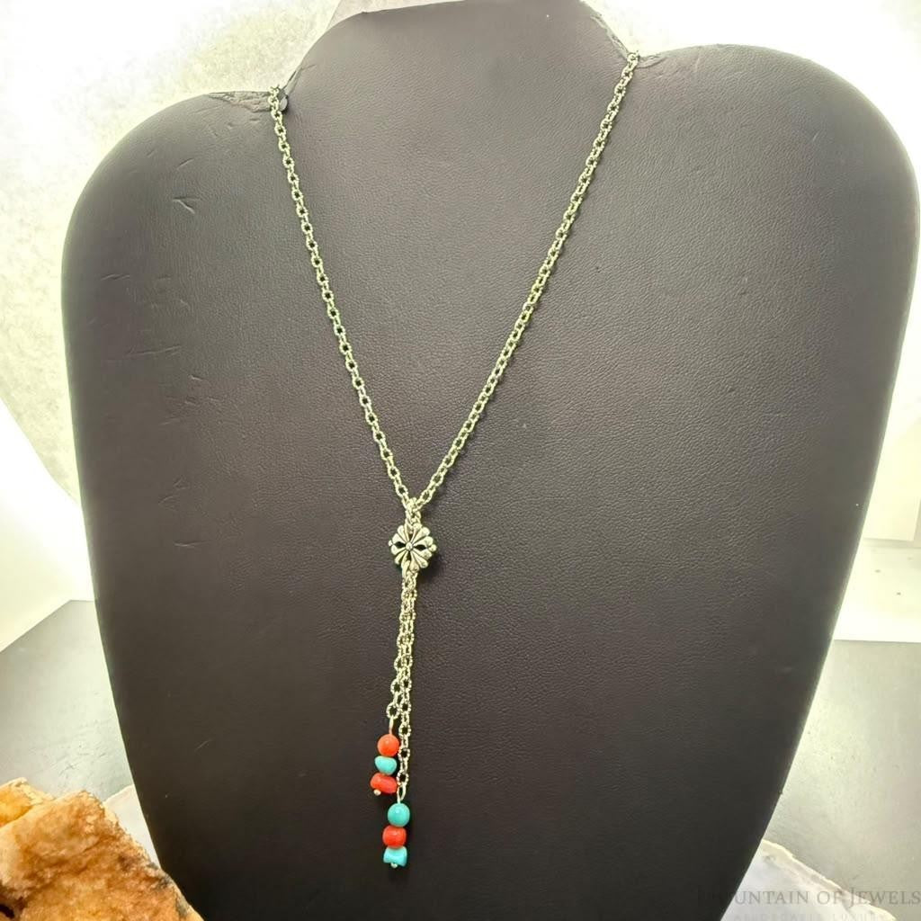 Carolyn Pollack Sterling Silver Coral & Turquoise Beads Chain Lariat Necklace For Women