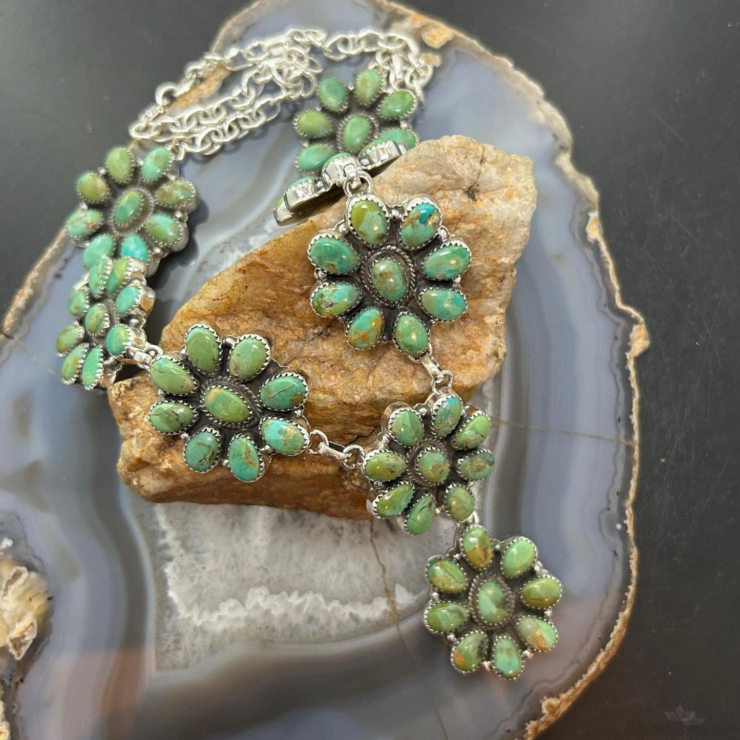 Sterling Silver Southwestern Style Mohave Turquoise 8 Cluster 19" Necklace For Women