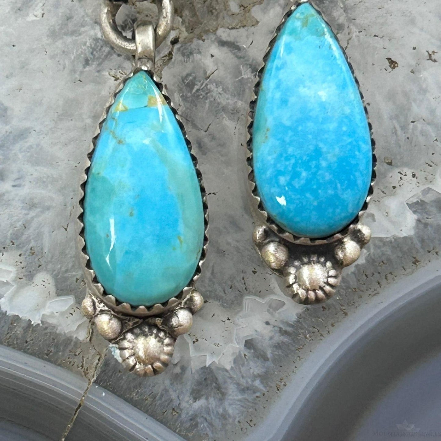 Sterling Silver Southwestern Style Teardrop & Rounded Turquoise Post Dangle Earrings For Women