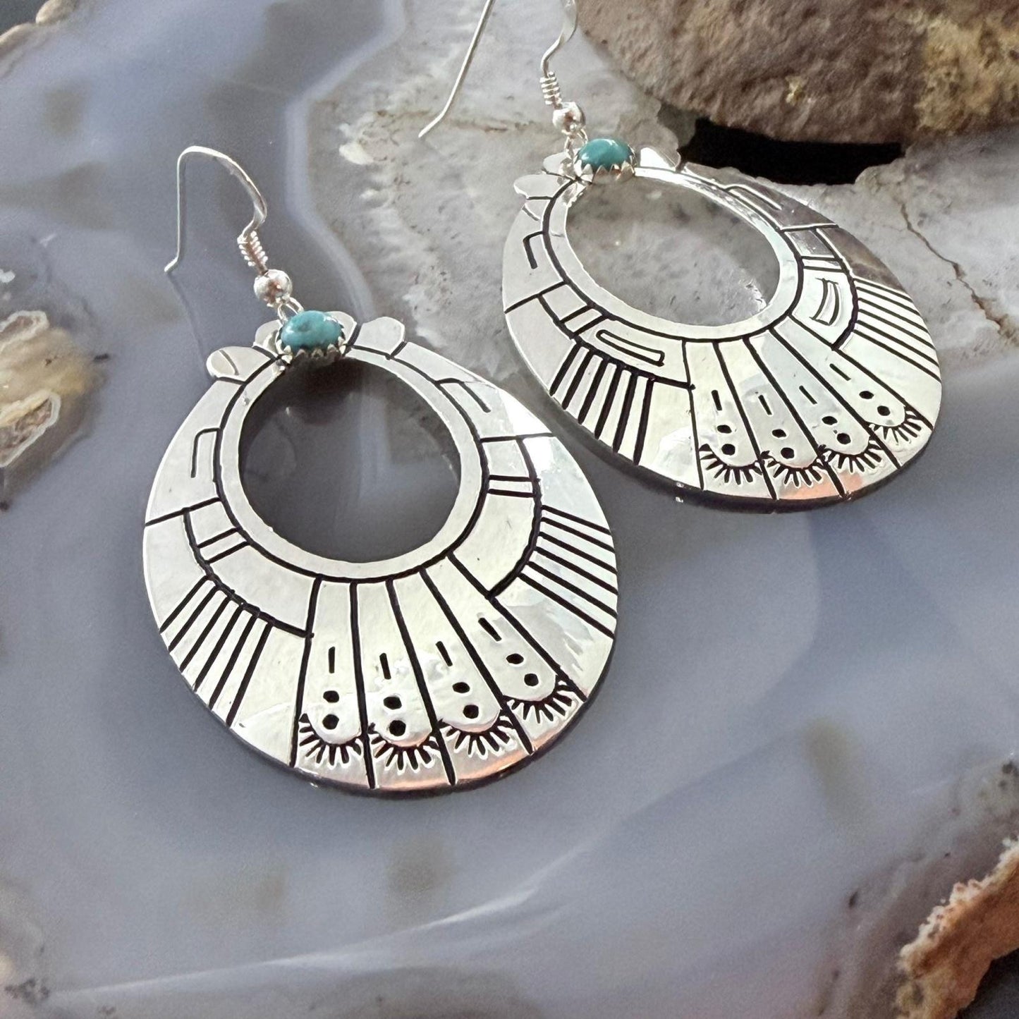 Tommy & Rosita Singer Sterling Silver Turquoise Dot Engraved Dangle Earrings For Women