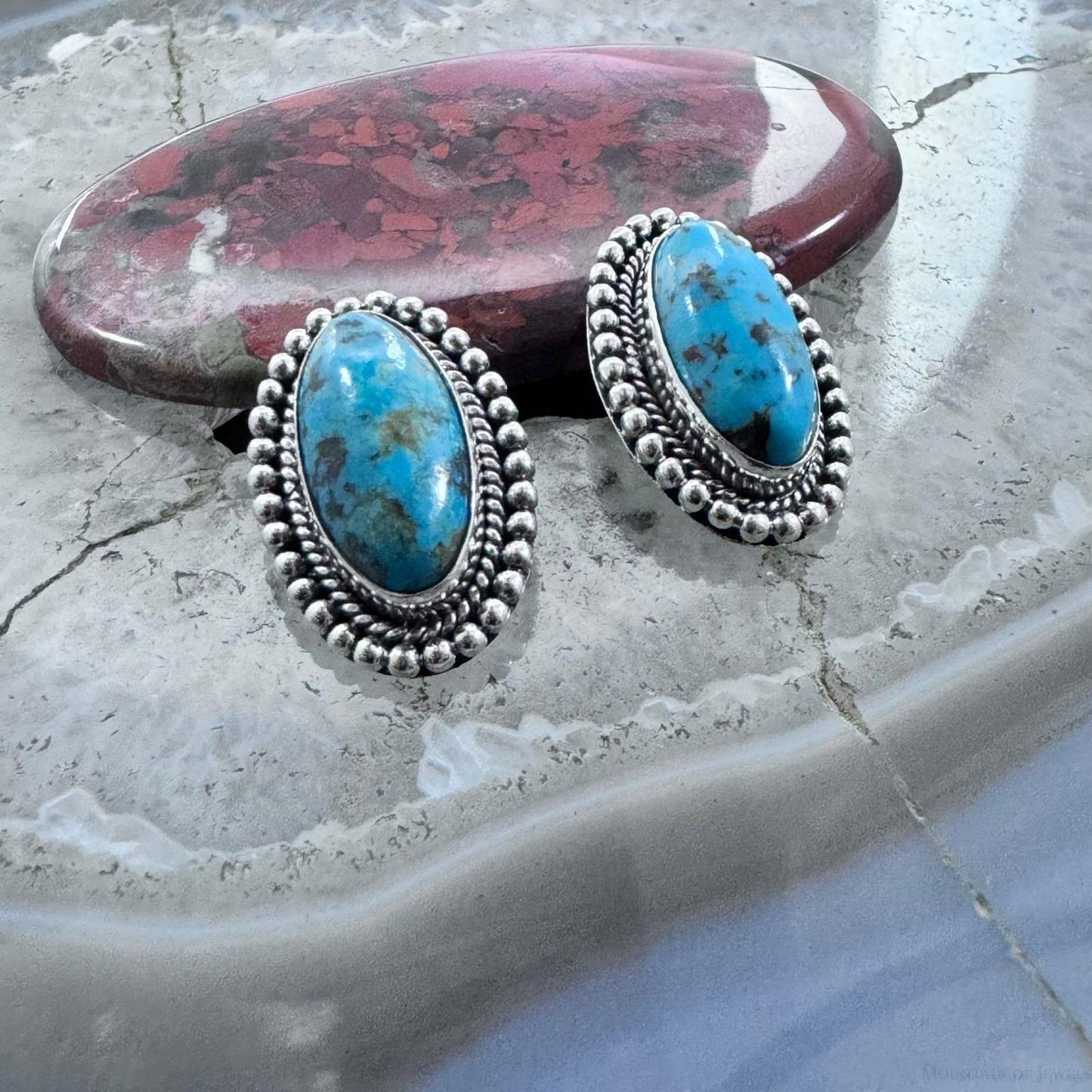 Native American Sterling Silver Oval Turquoise Decorated Post Earrings For Women