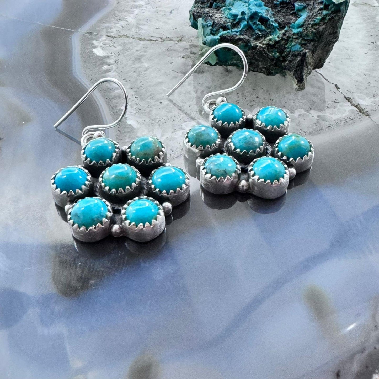 Native American Sterling Kingman Turquoise Cluster Dangle Earrings For Women