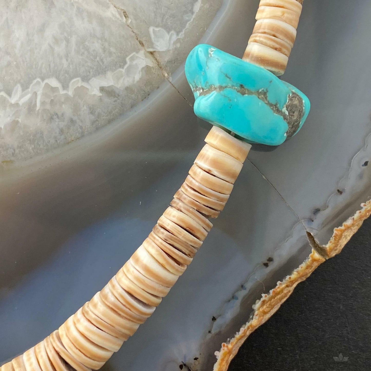 Vintage Native American Heishi Sea Shell Disk and Chunky Turquoise Necklace