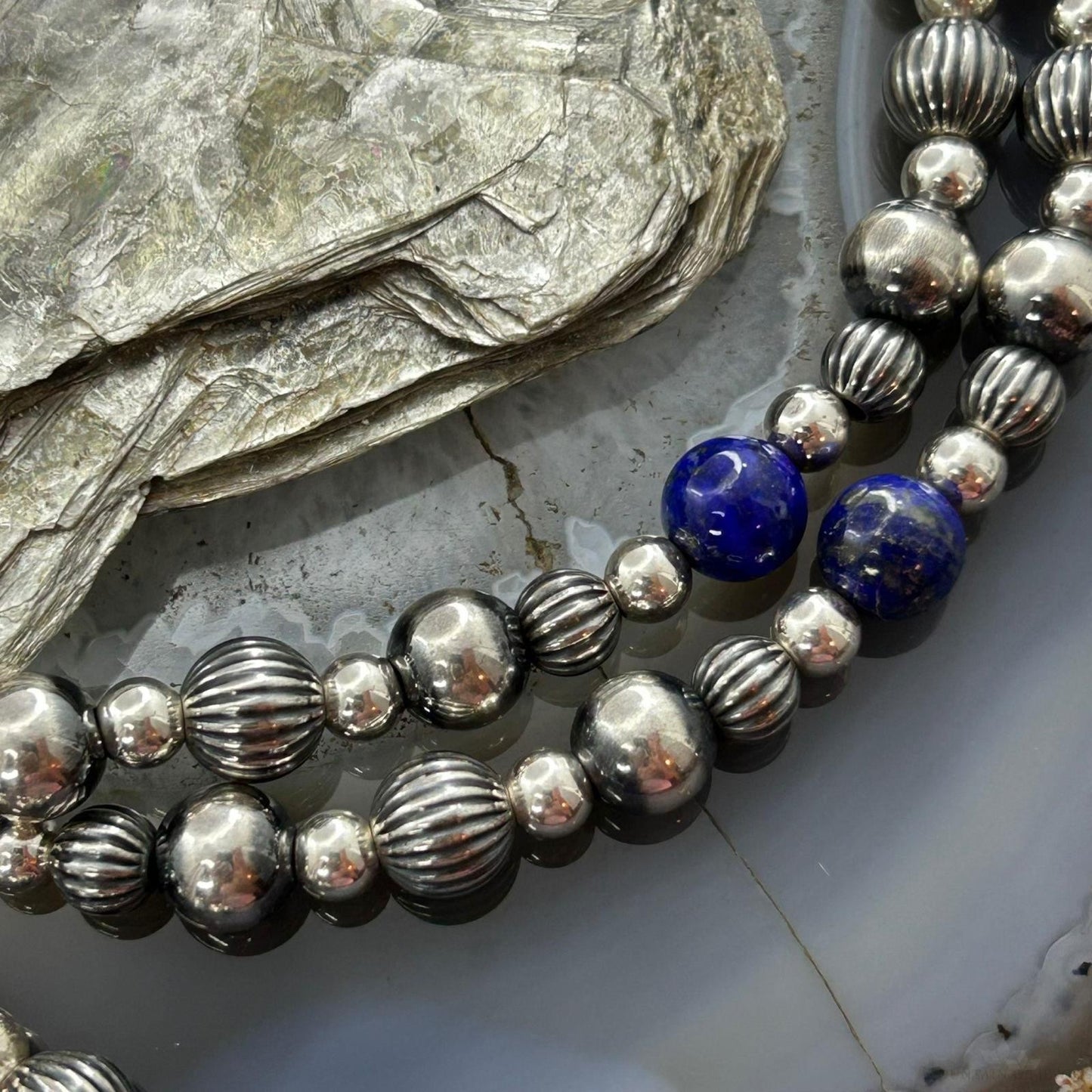 Carolyn Pollack Sterling Silver Decorated 4mm-8mm with Lapis Beads Necklace For Women