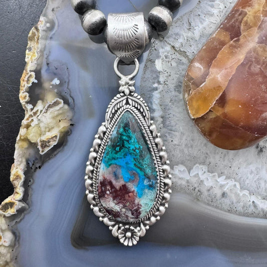 Sterling Silver Southwestern Style Elongated Teardrop Shattuckite Pendant For Women