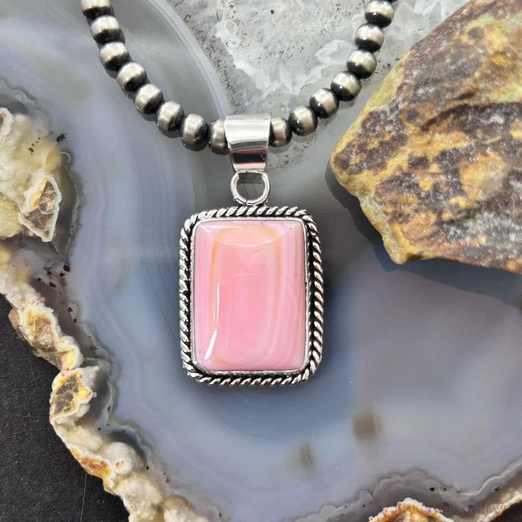 Native American Sterling Silver Rectangle Pink Conch Decorated Pendant For Women #1