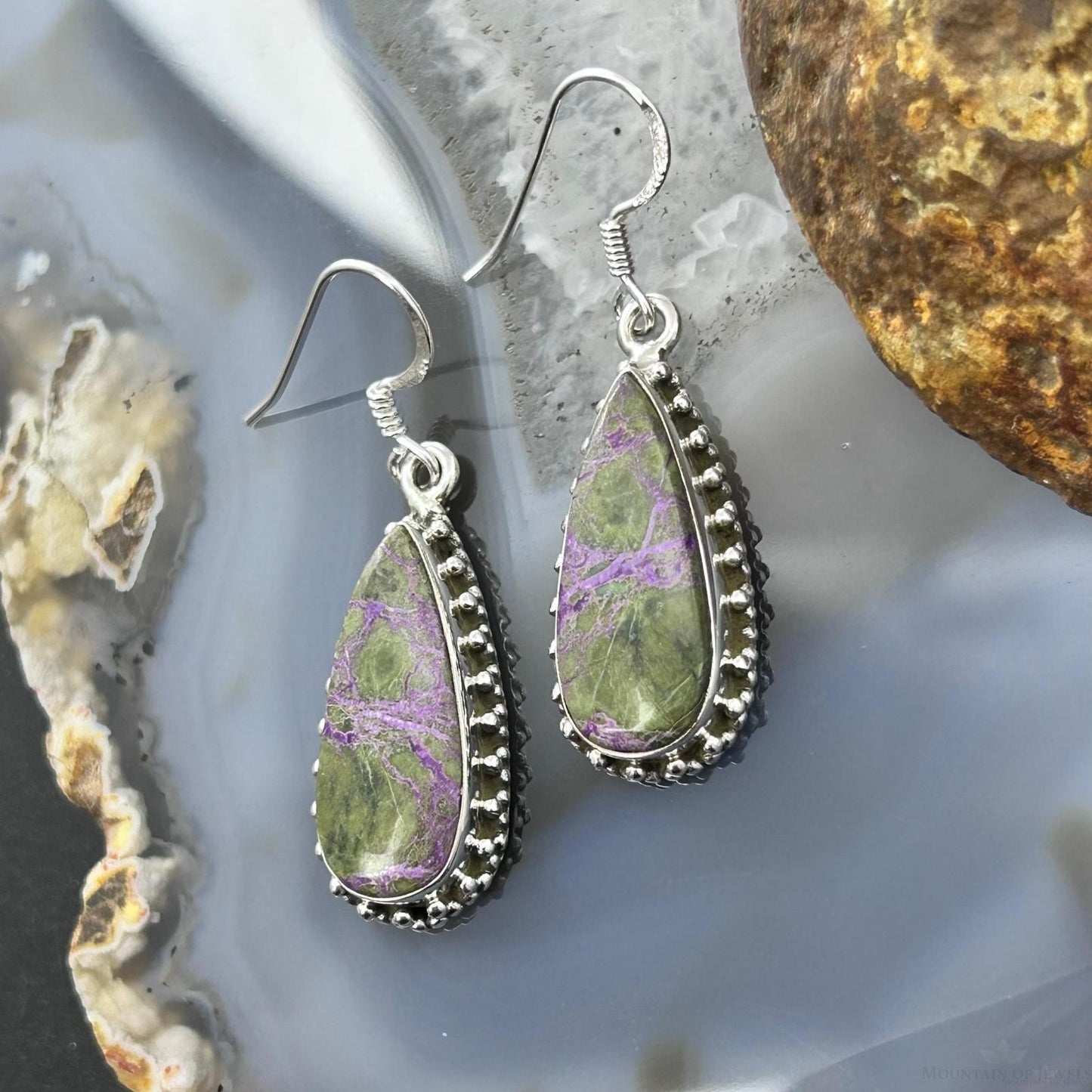 Sterling Silver Southwestern Style Teardrop Stichtite Dangle Earrings For Women