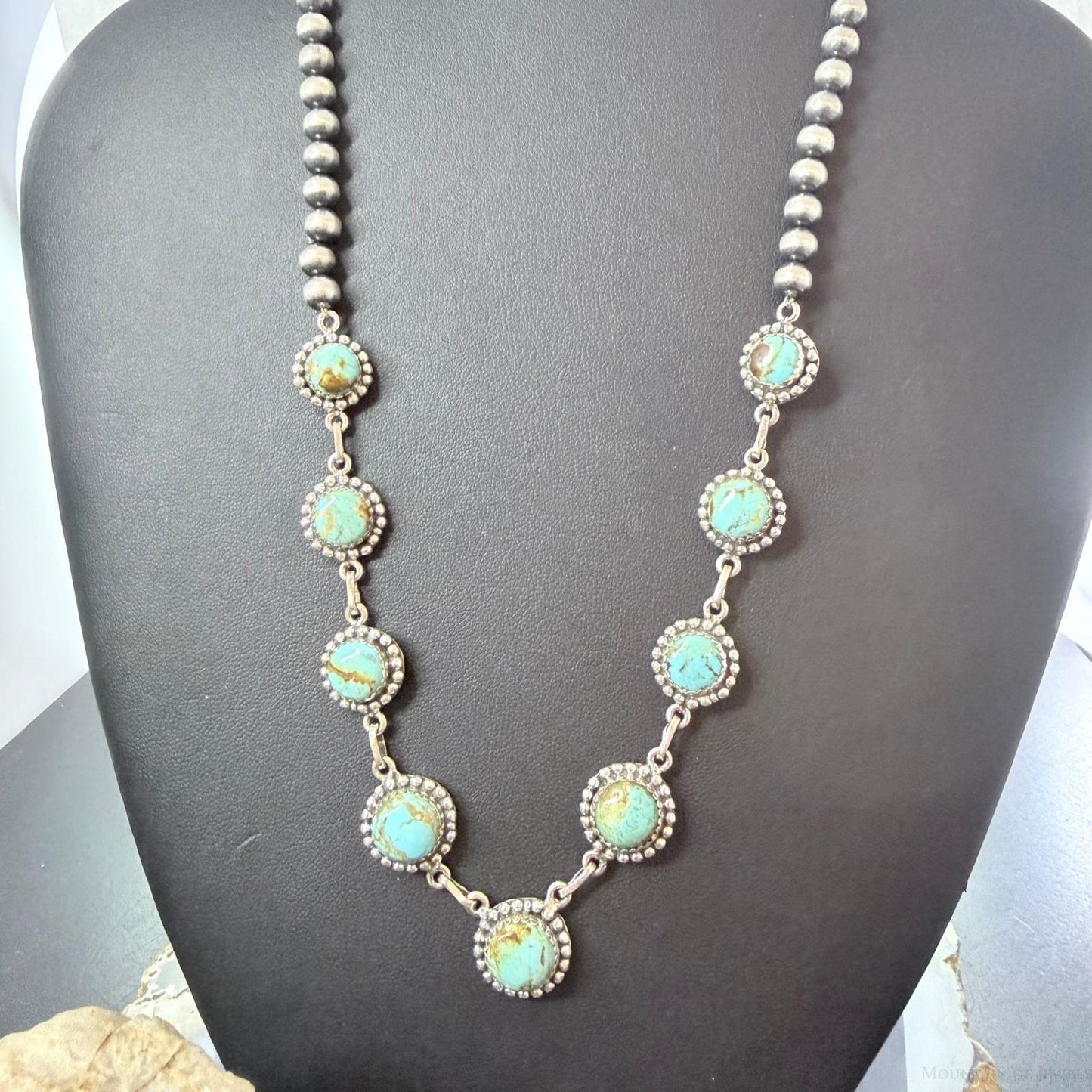 Sterling Southwestern Style Rounded Turquoise & 5mm Navajo Pearl Beads Necklace For Women
