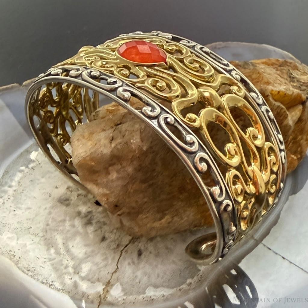 Carolyn Pollack Sterling Silver & Brass Marquise Coral Doublet Swirl Bracelet For Women