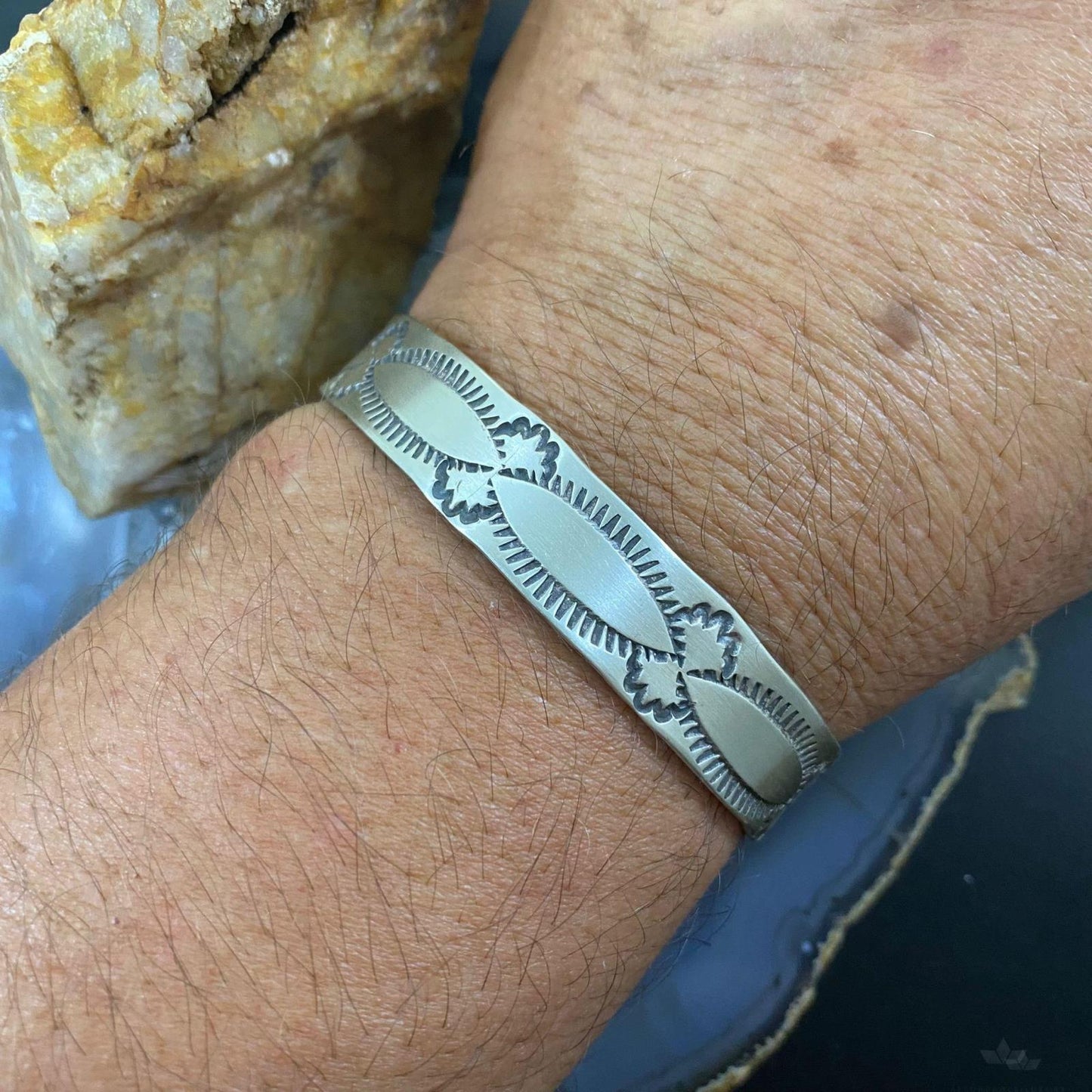 Native American Sterling Silver Stamped Stackable Cuff Bracelet For Men