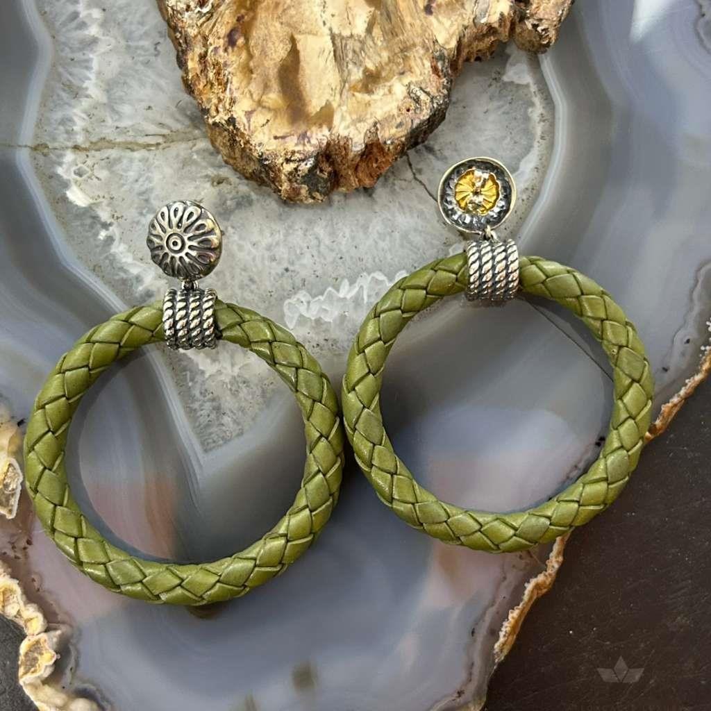 Carolyn Pollack Sterling Silver Olive Green Braided Leather Hoop Earrings For Women