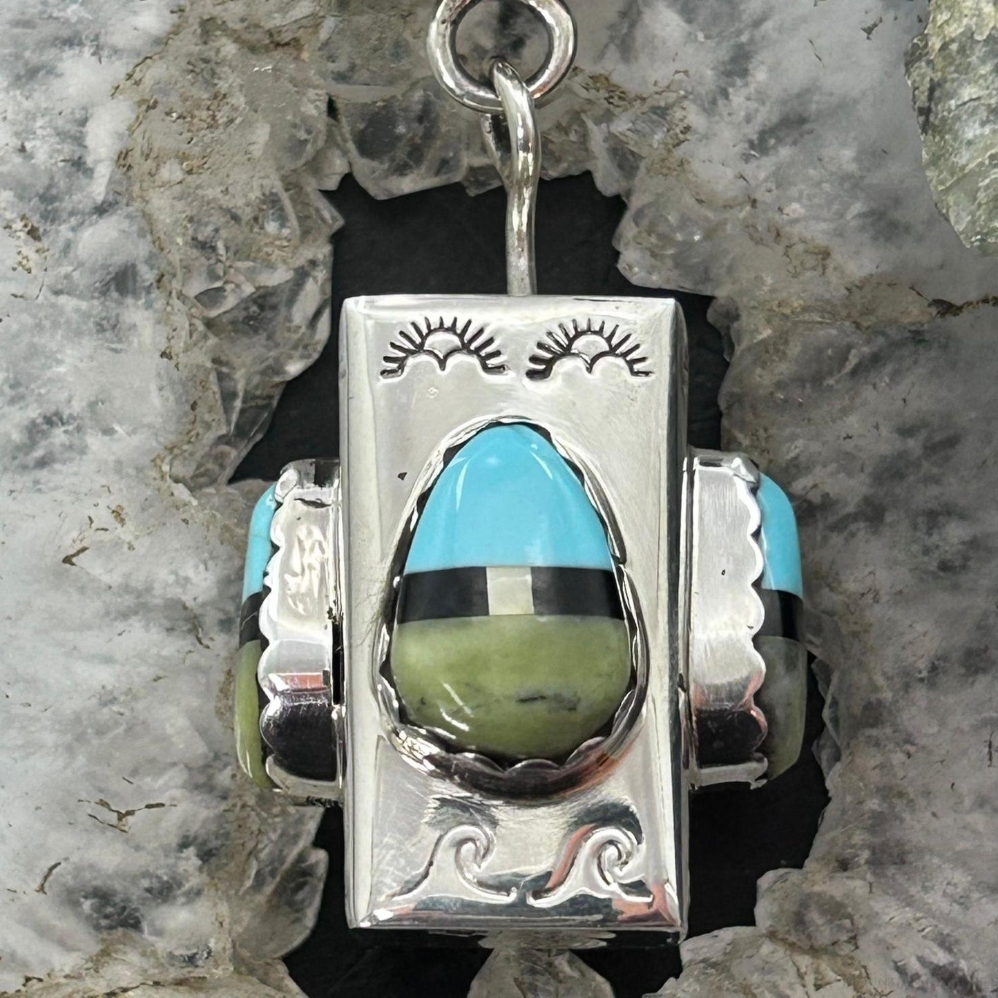 Cliffton Aguilar Santo Domingo Sterling Silver Multistone Decorated Rectangular Pendant