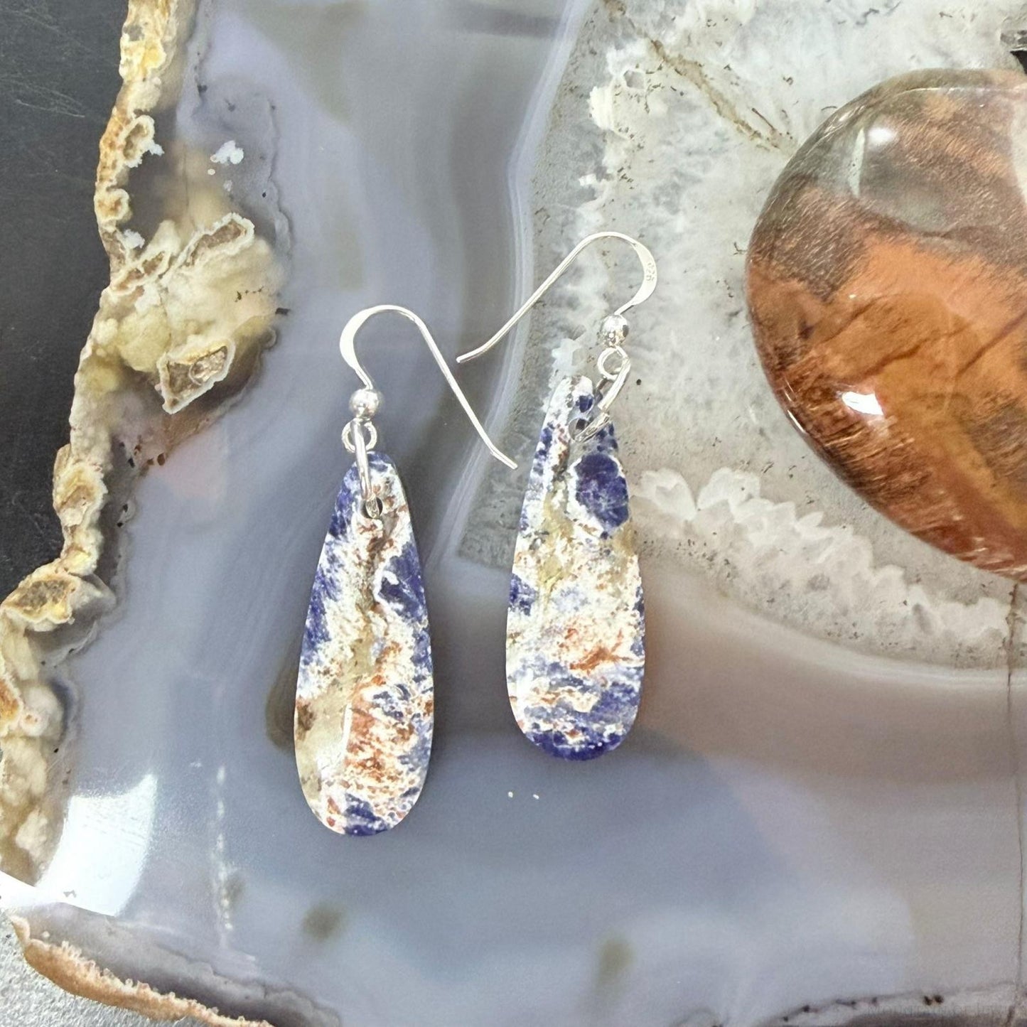 Sterling Silver Teardrop Sodalite Slab Dangle Earrings For Women #504
