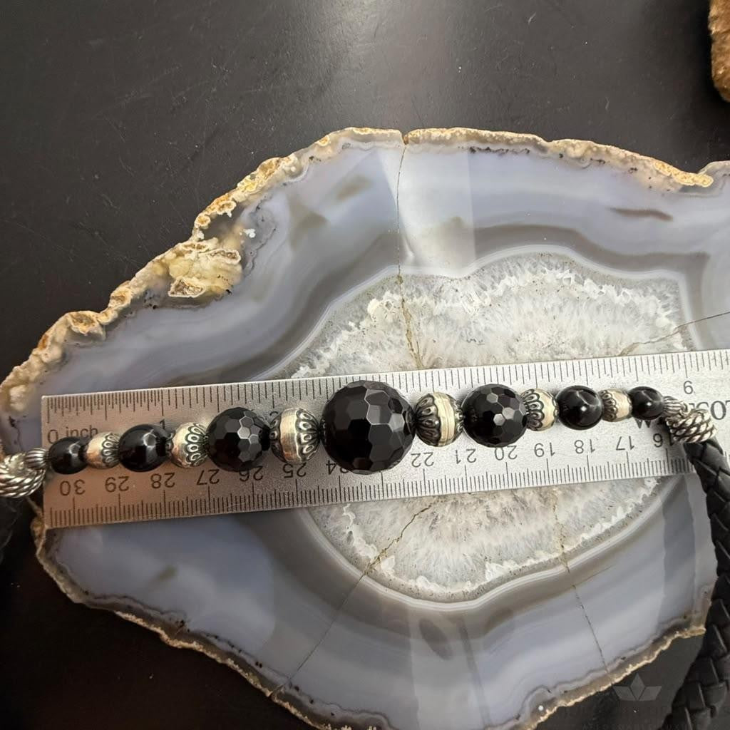 Carolyn Pollack Sterling Rounded & Faceted Onyx Beads Braided Leather Necklace For Women