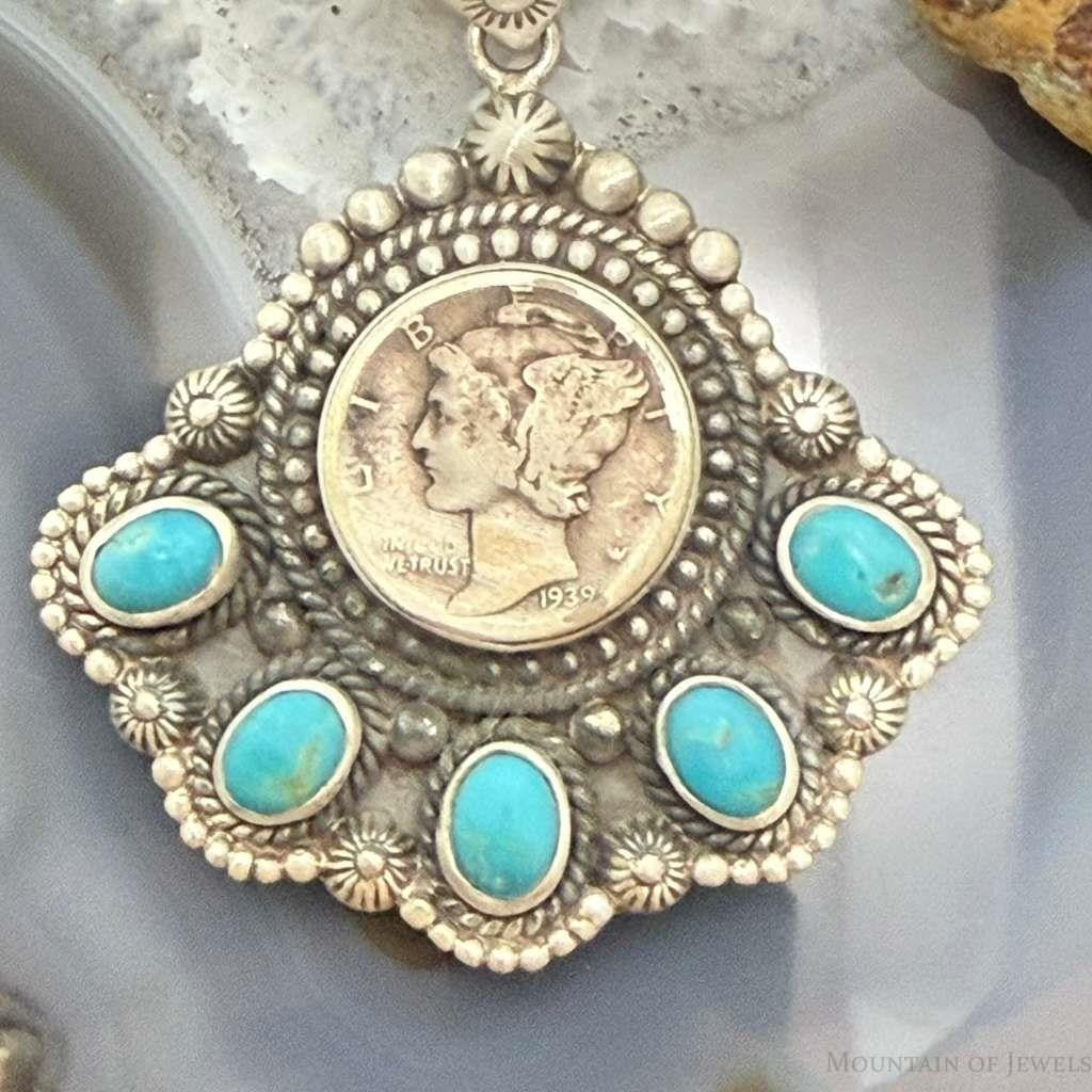 Sterling Silver Southwestern Style 1939 Mercury Dime & Kingman Turquoise Pendant