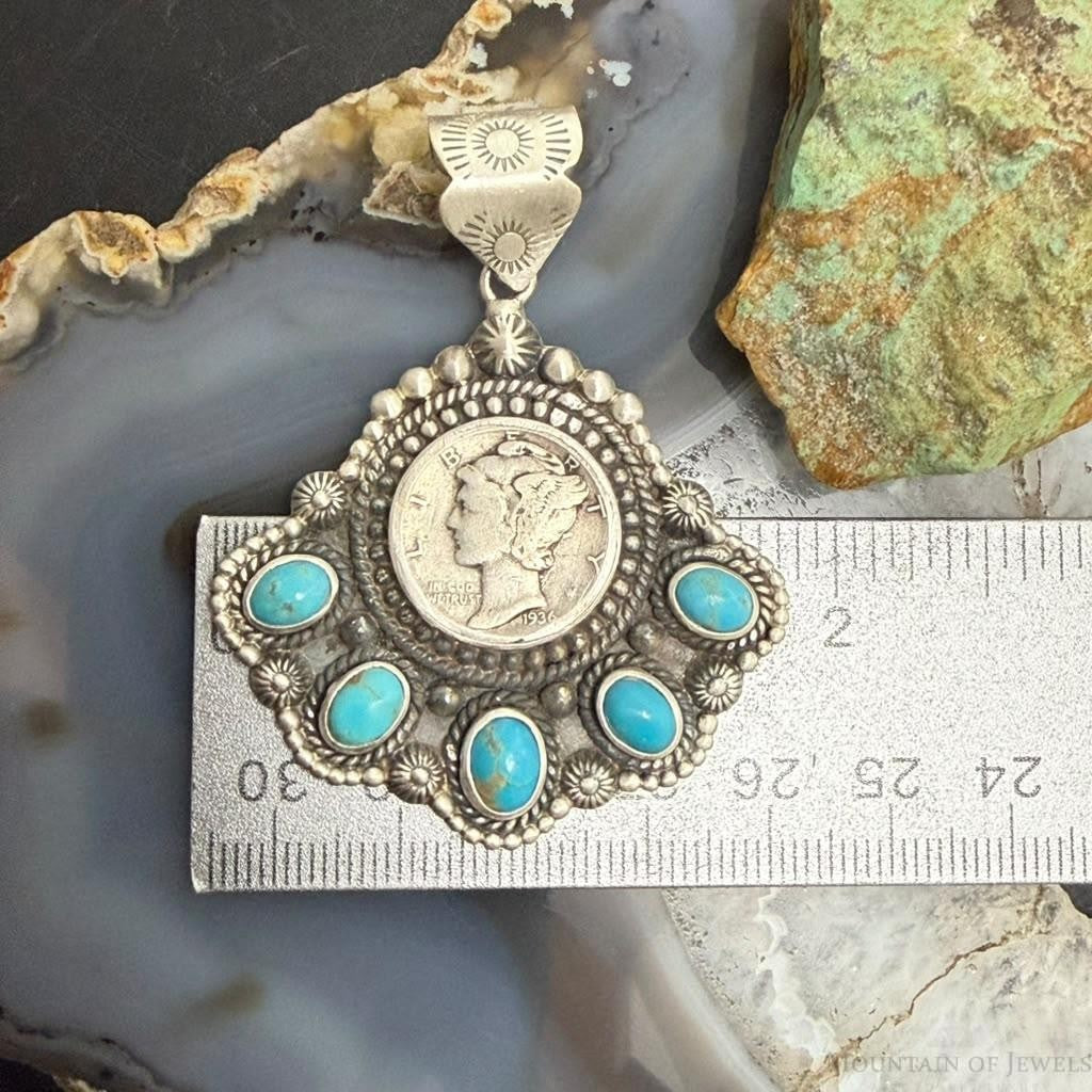 Sterling Silver Southwestern Style 1936 Mercury Dime & Kingman Turquoise Pendant