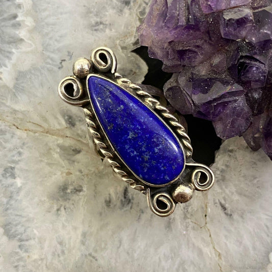 Native American Sterling Silver Lapis Decorated Teardrop Ring SZ 5.75 For Women