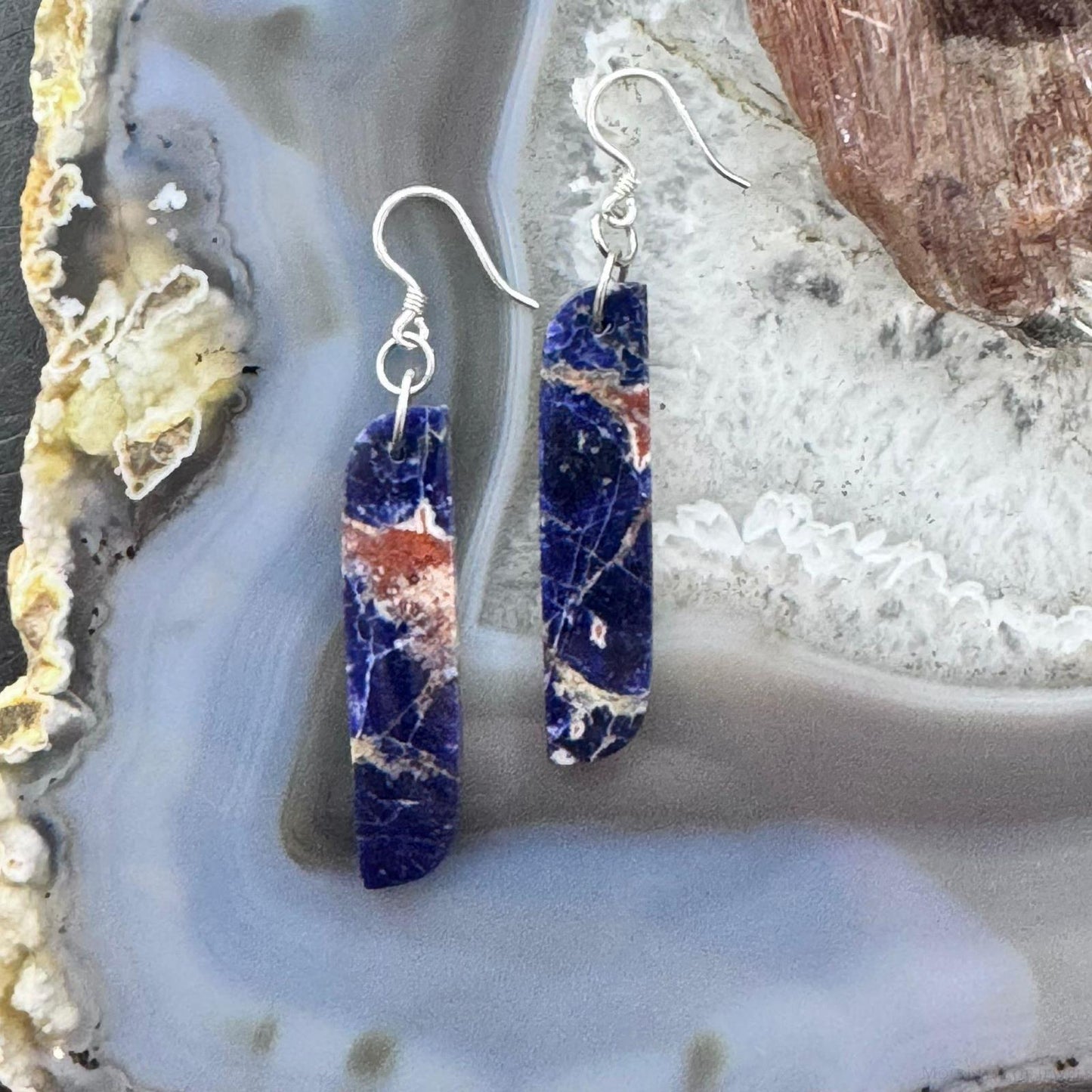 Sterling Silver Elongated Tilde Shape Blue Sodalite Slab Dangle Earrings For Women #230