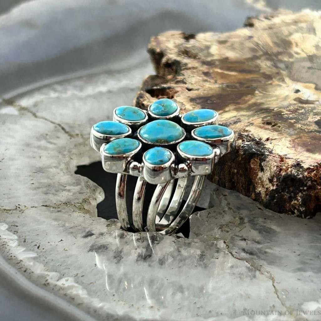 Sterling Silver Southwestern Style Mohave Turquoise Cluster Ring Size 7 For Women