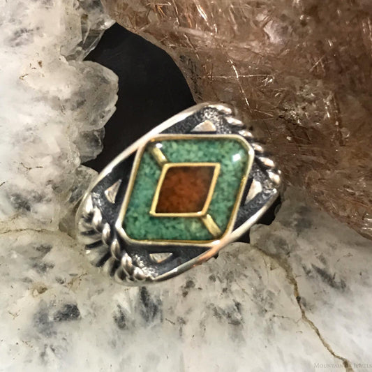Carolyn Pollack Sterling Silver Green Turquoise & Coral Chip Inlay Ring Size 9 For Women