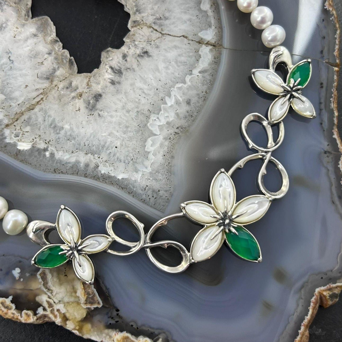 Carolyn Pollack Sterling Silver Freshwater Pearl and Floral 16"-18" Necklace For Women