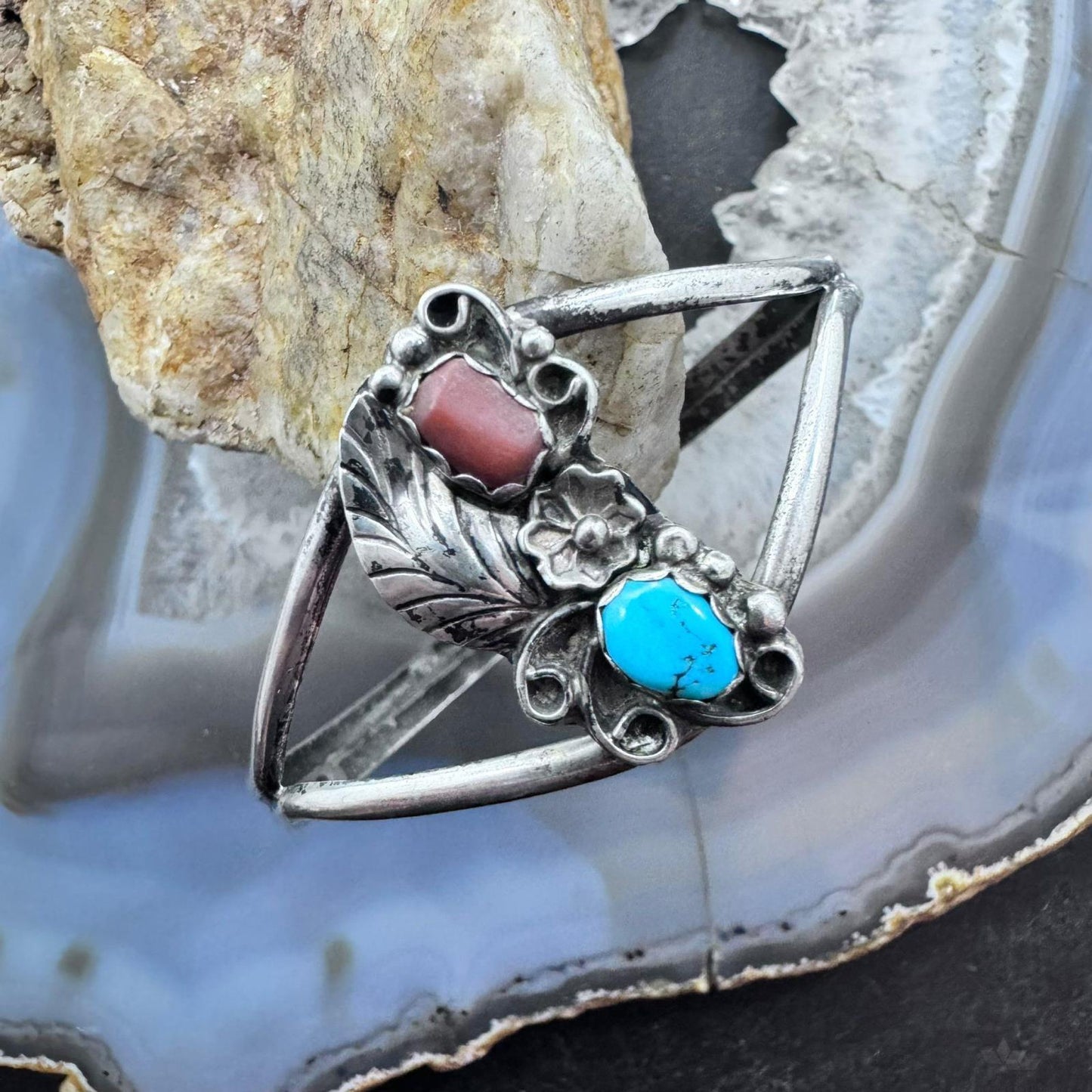 Vintage Native American Silver Turquoise & Coral Decorated Bracelet For Women