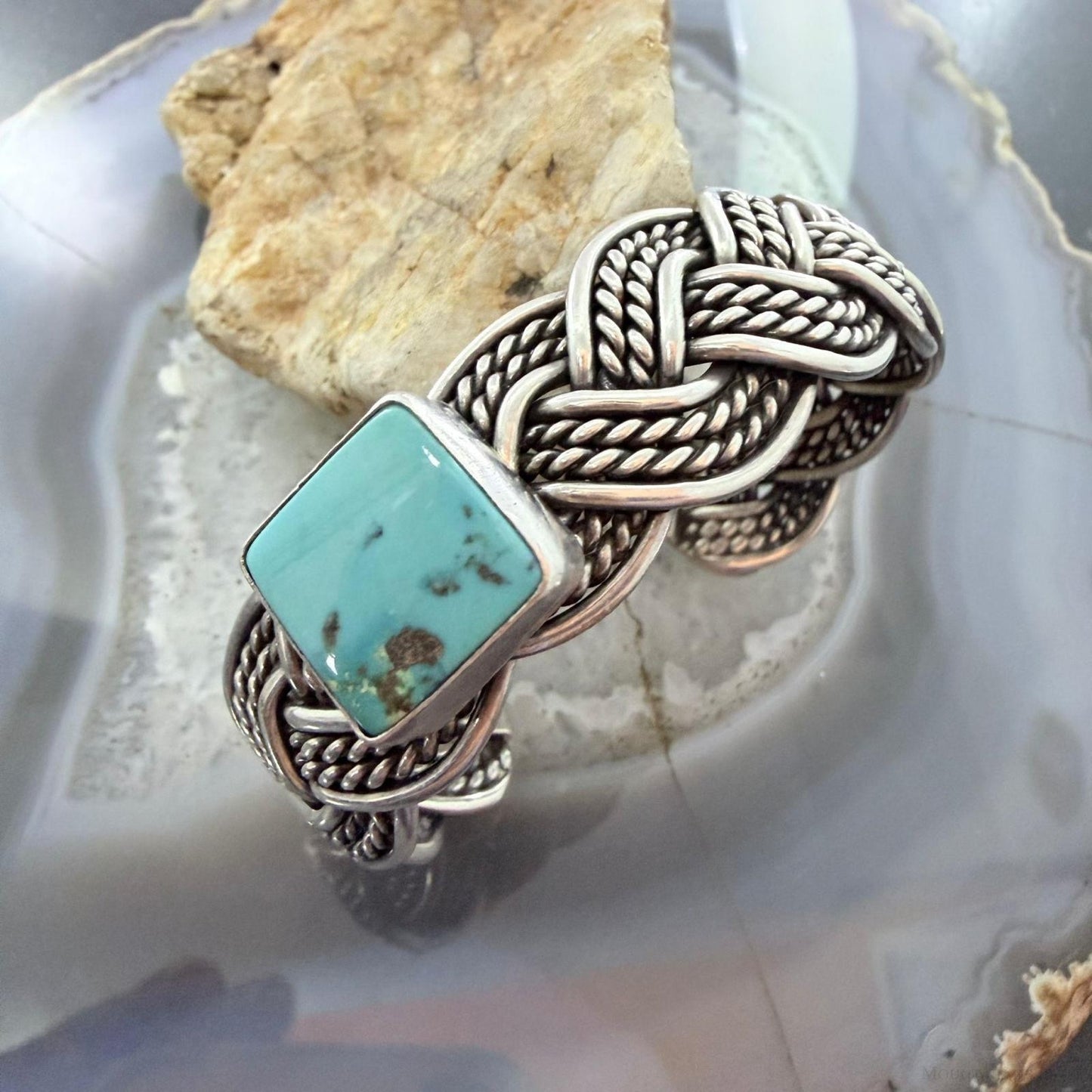 Sterling Silver Woven Rope With Square Turquoise Fashion Bracelet For Women