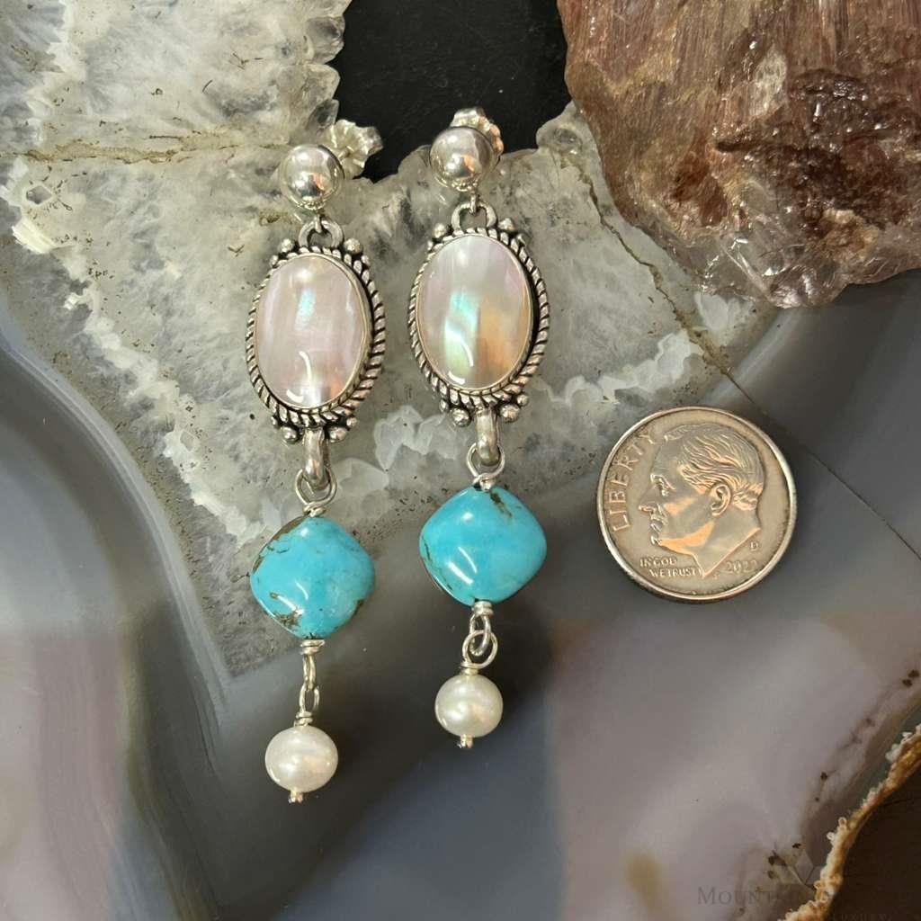 Carolyn Pollack Sterling Silver MOP & Turquoise Dangle Earrings For Women