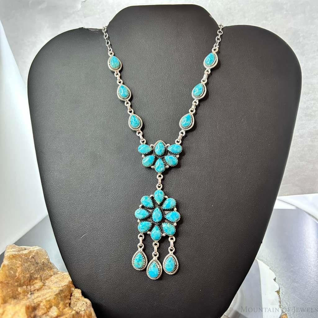 Sterling Silver Southwestern Style 25 Teardrop Turquoise Cluster 17" Necklace For Women