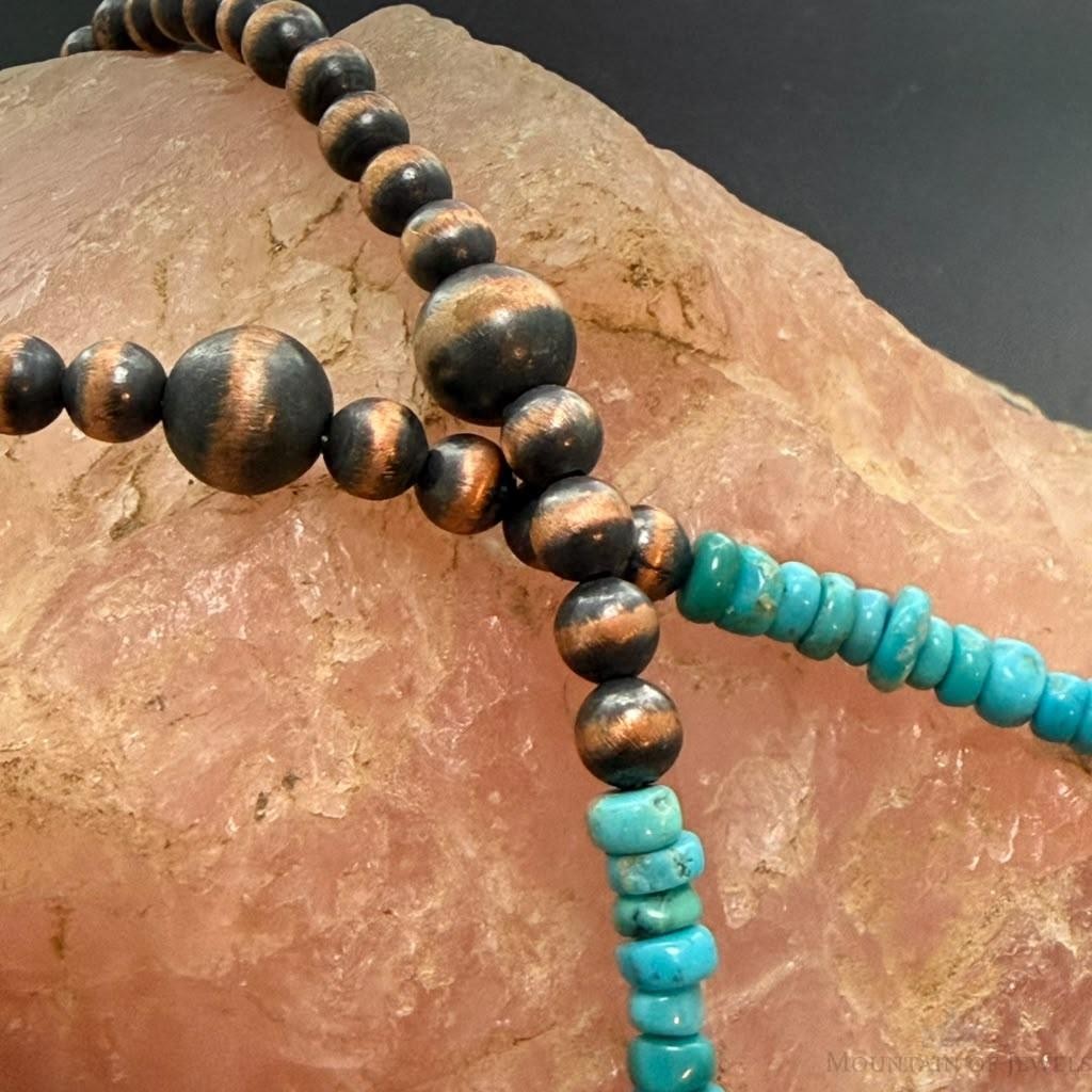 Southwestern Style 5-8.5mm Copper Navajo Pearl Round &Turquoise 18"-21" Necklace For Women
