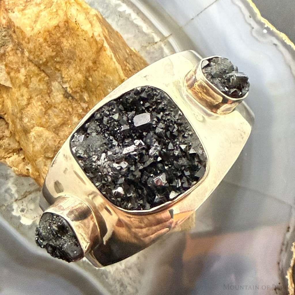 Vintage Lapidaria Barrera Mexico Silver 950 Black Druzy Quartz Cuff For Women