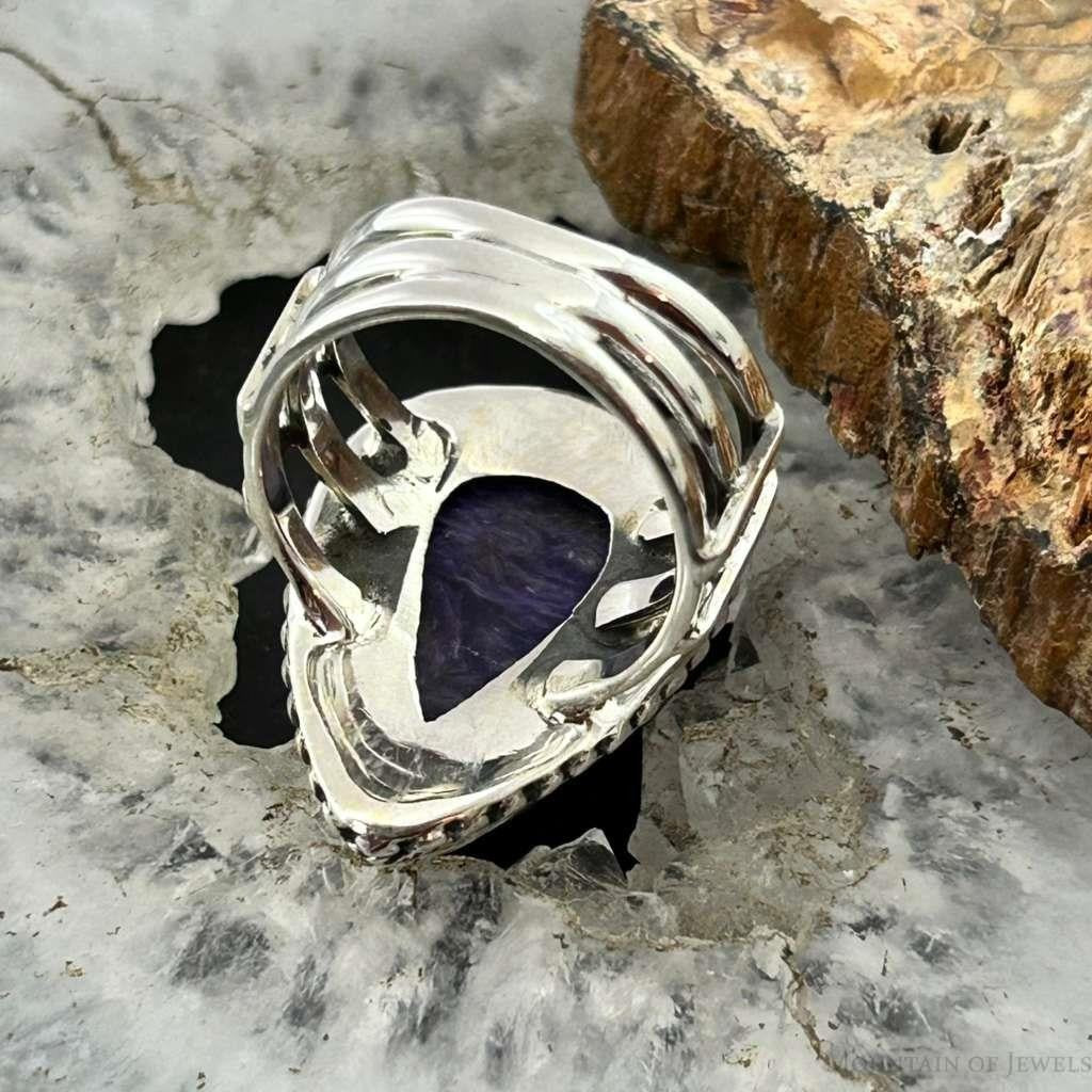 Sterling Silver Southwestern Style Teardrop Charoite Decorated Ring Size 7.5 For Women