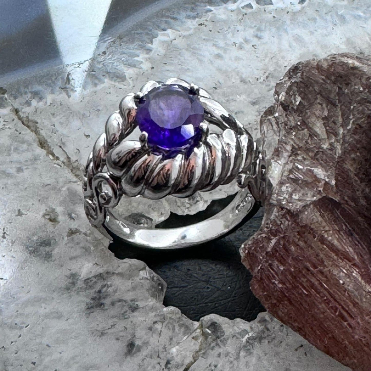 Carolyn Pollack Sterling Silver Faceted Oval Amethyst Decorated Ring For Women