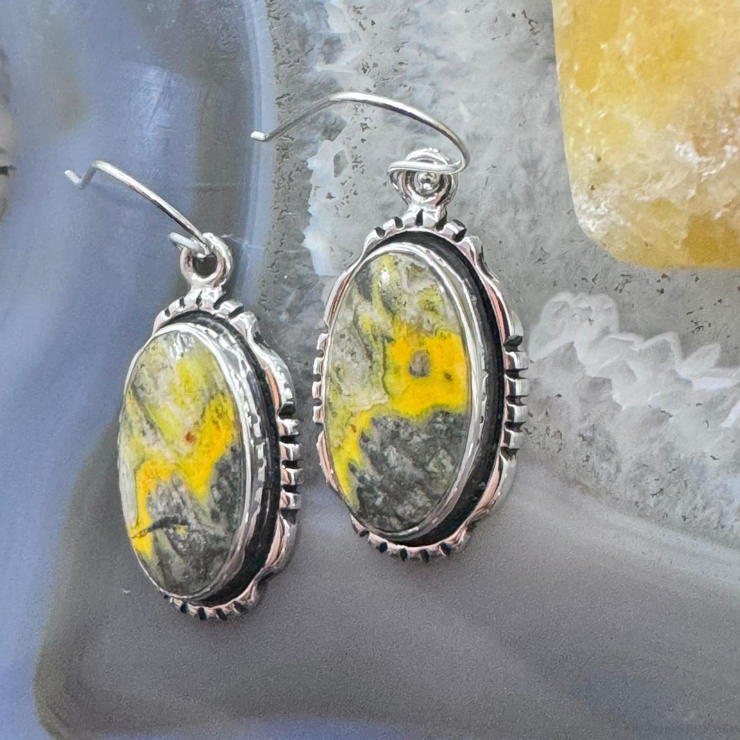 Native American Sterling Silver Oval Bumblebee Jasper Dangle Earrings For Women