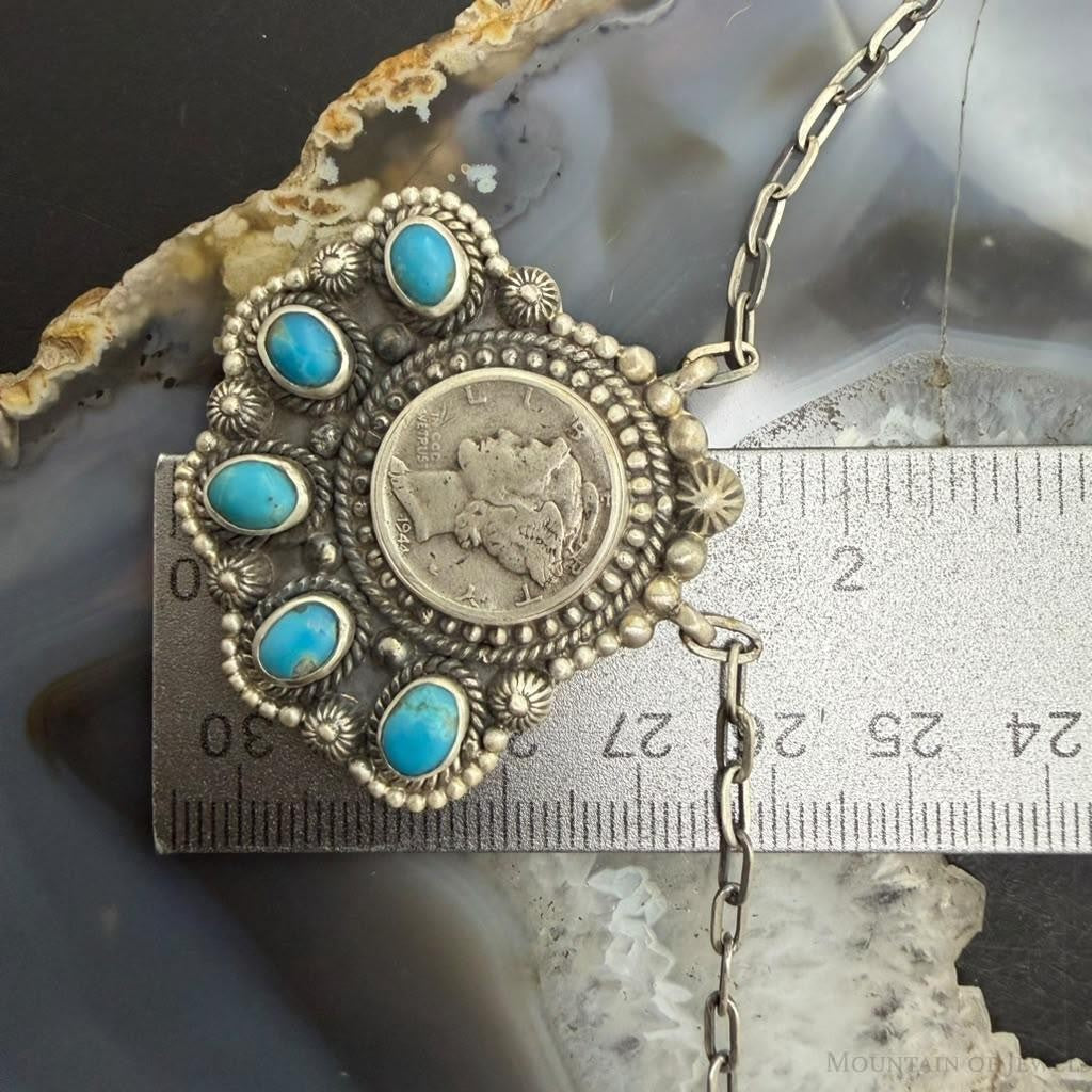 Sterling Silver Southwestern Style 1944 Mercury Dime & Kingman Turquoise Necklace For Women