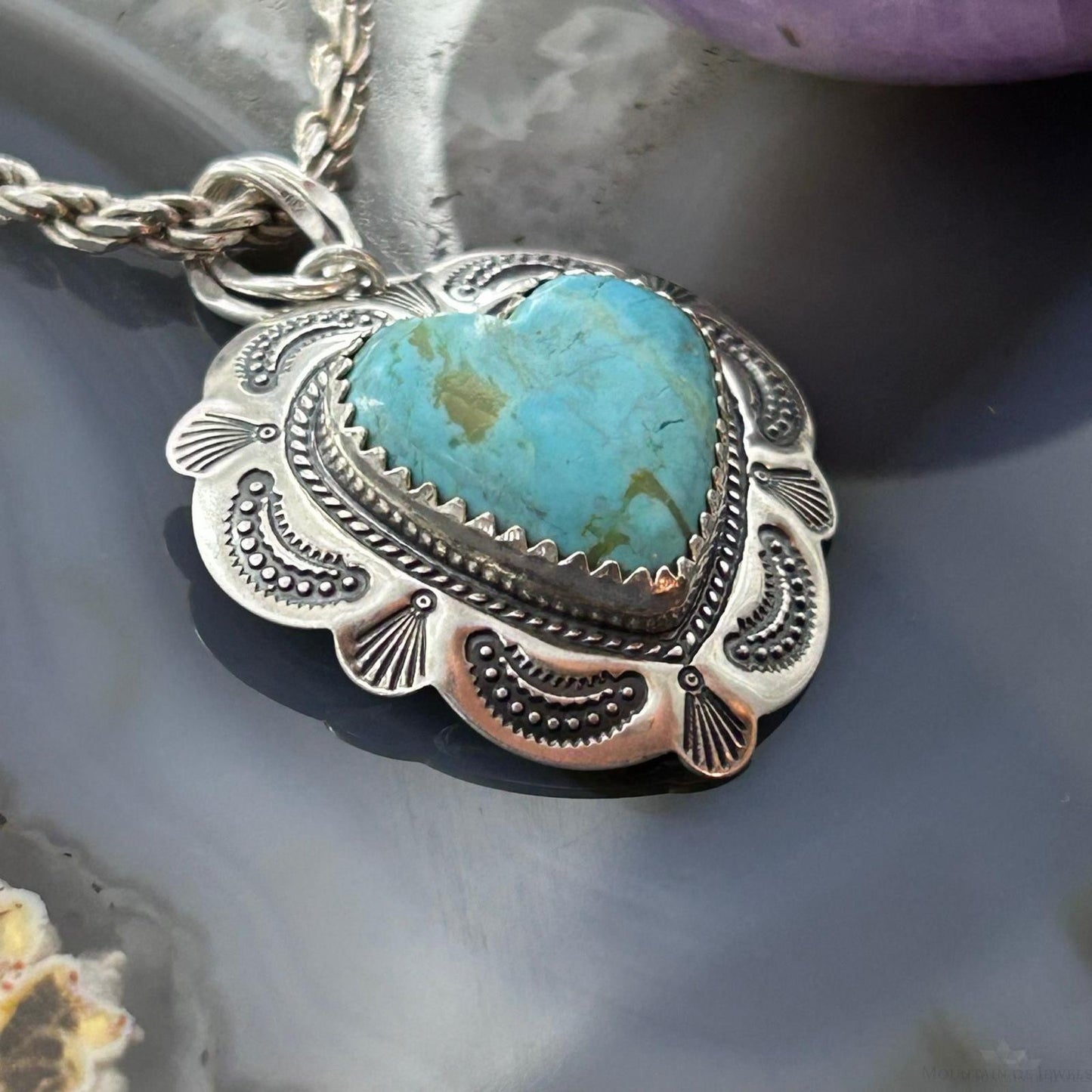 QT Quoc Sterling Silver Southwestern Style Turquoise Heart Pendant For Women