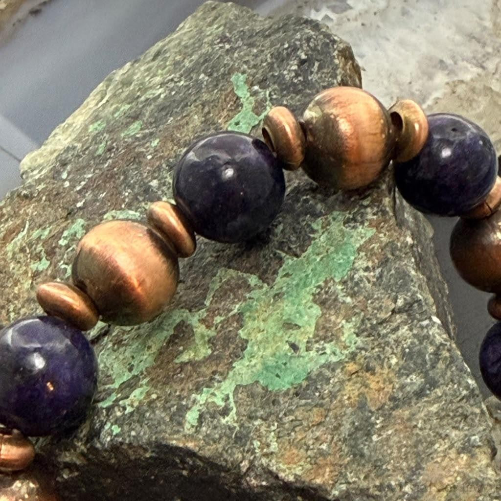 Southwestern Style Copper 10mm Navajo Pearl Beads&10mm Charoite Stretch Bracelet For Women