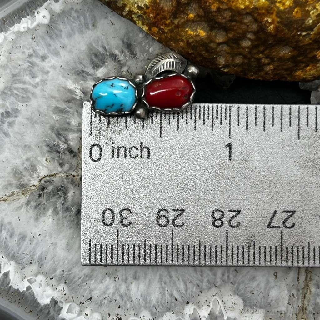 Native American Silver Turquoise & Coral Leaf Decorated Stud Earrings For Women