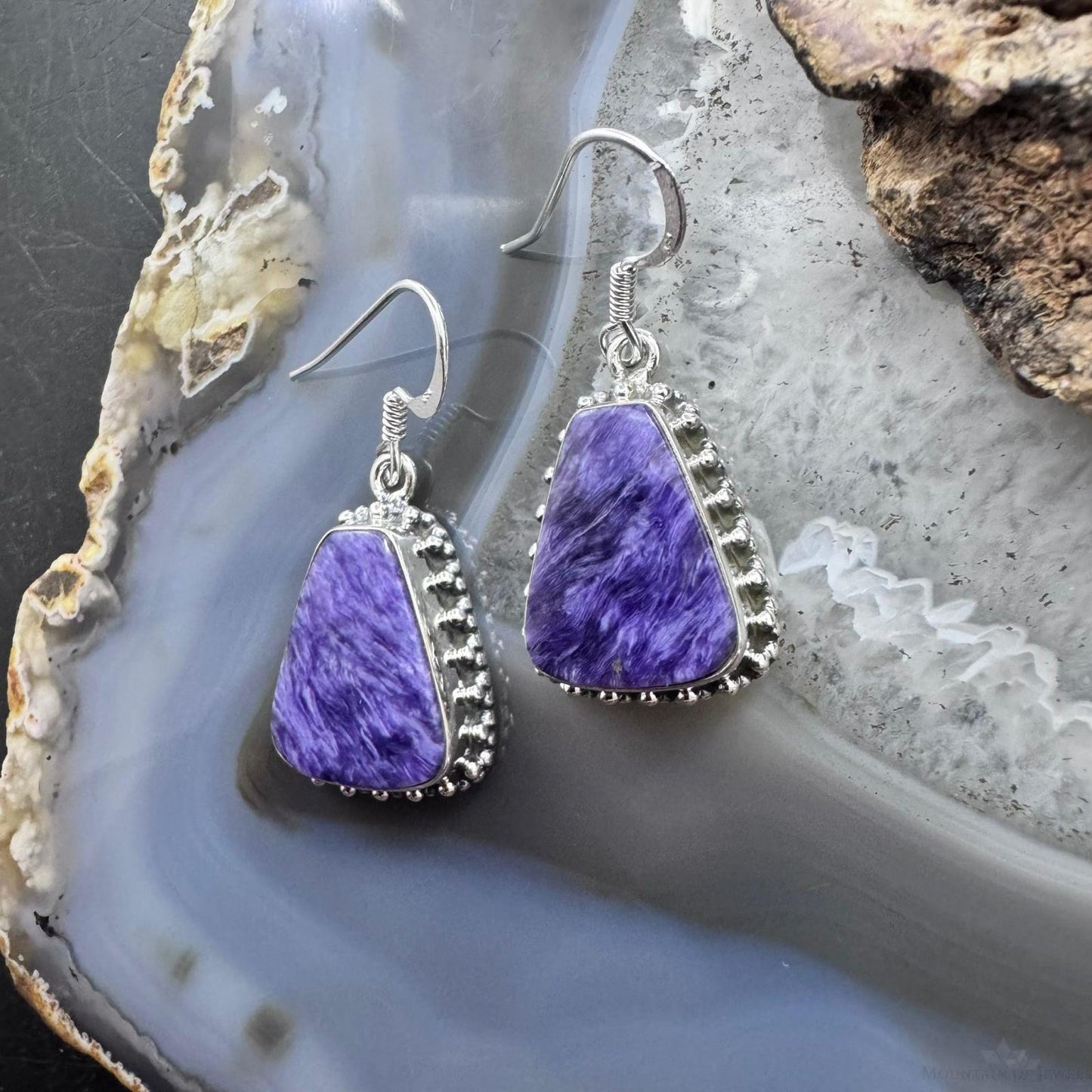 Sterling Silver Southwestern Style Trapezoid Charoite Decorated Dangle Earrings For Women