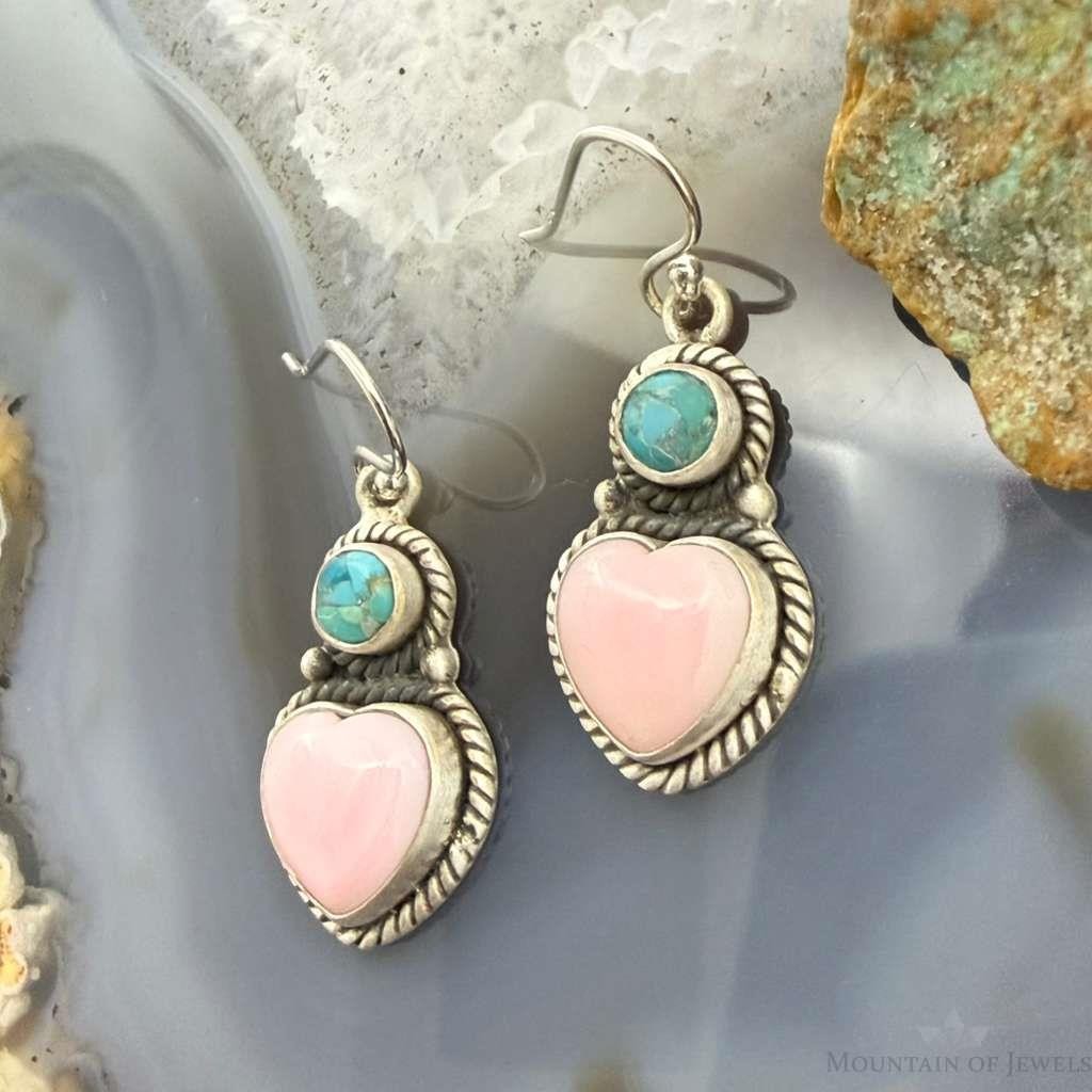 Sterling Silver Southwestern Style Pink Conch & Turquoise Dangle Earrings For Women