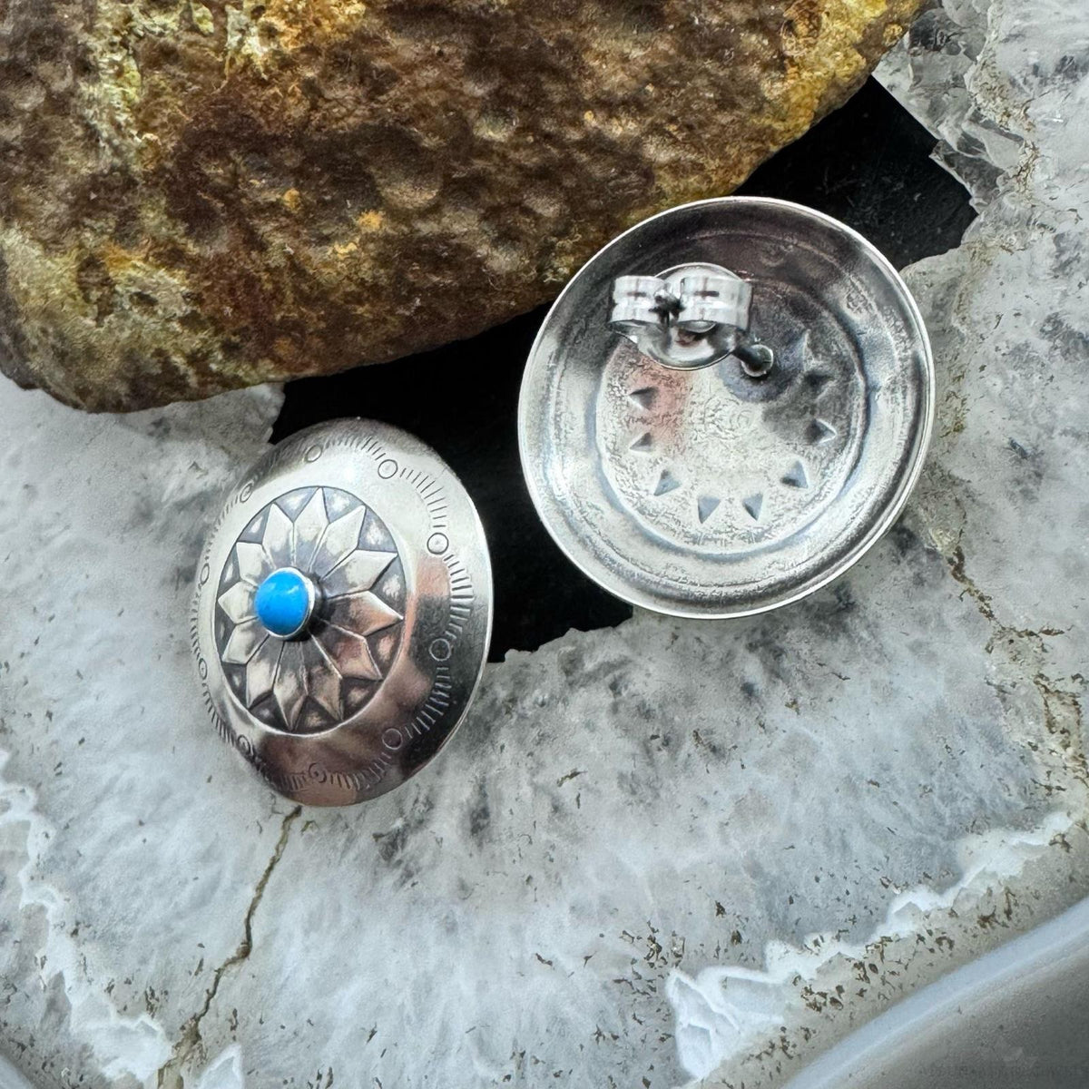 Native American Sterling Stamped Rounded Concho w/Turquoise Post Earrings