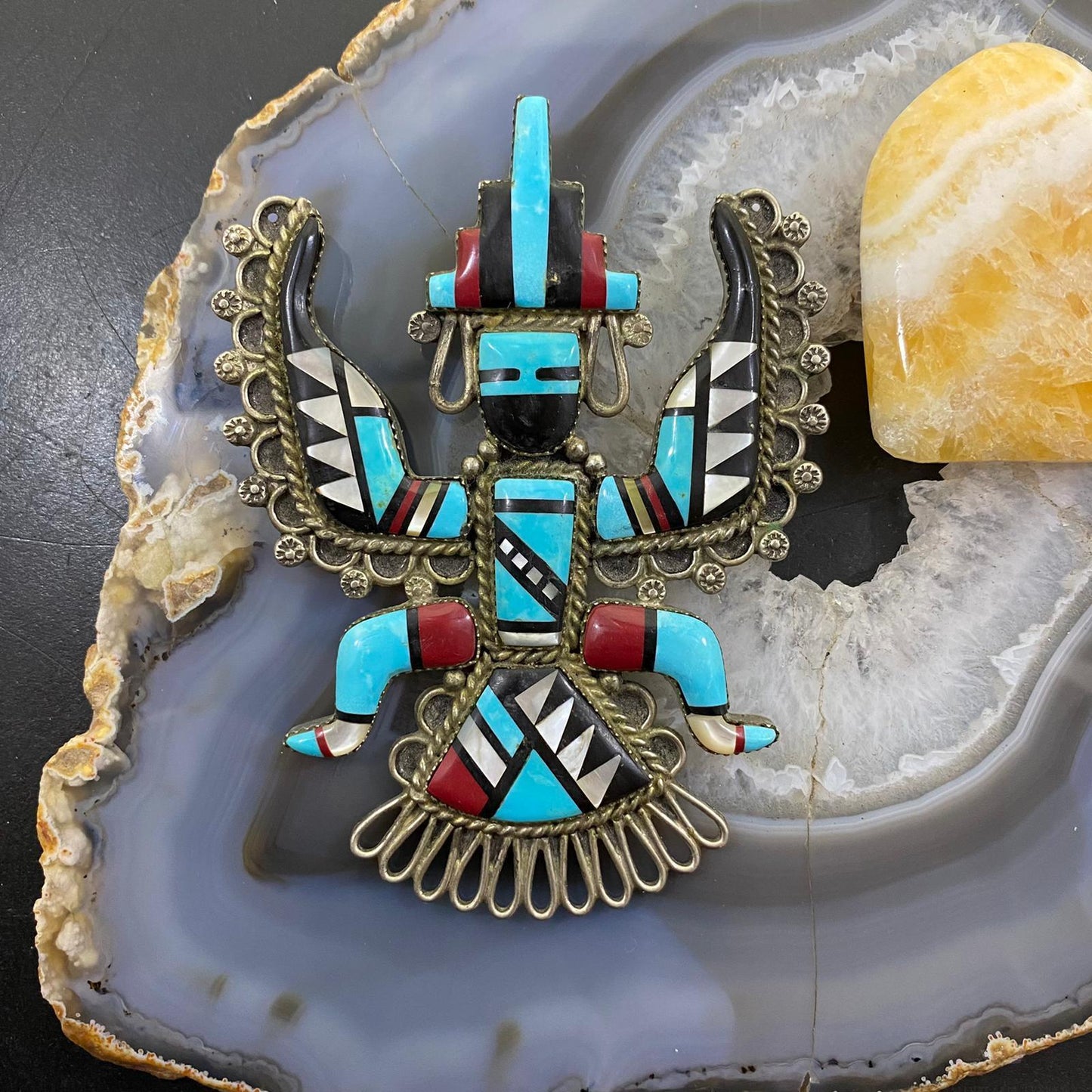 Antique Rainman Kachina Silver Native American Multi Stone Inlay Pendant