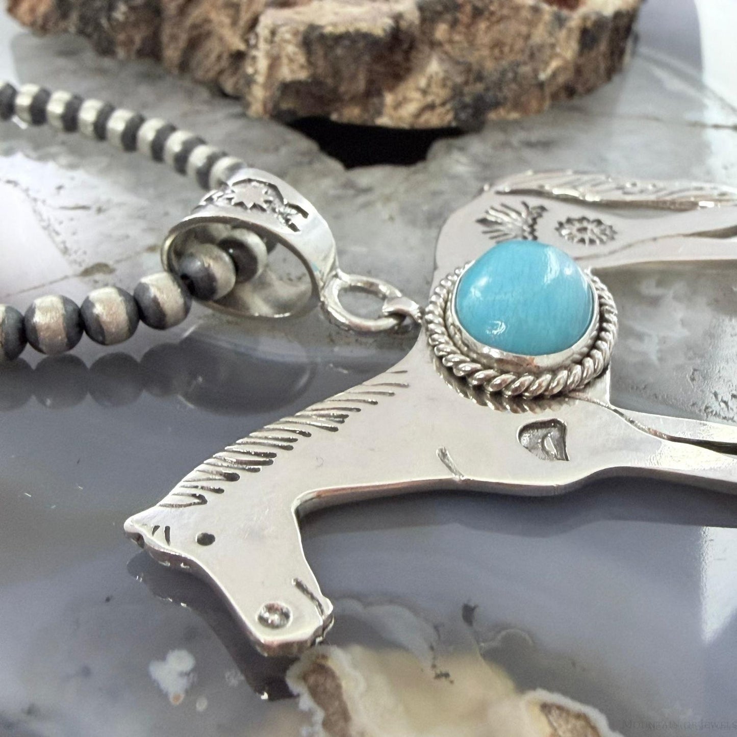 Sterling Silver Turquoise Stamped w/Indigenous Symbols Horse Unisex Pendant