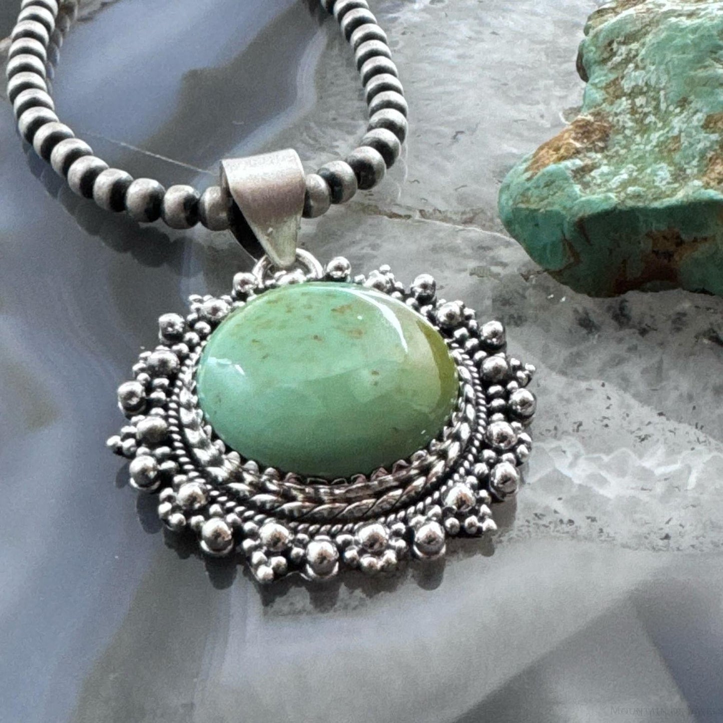 Sterling Silver Southwestern Style Round Green Turquoise Decorated Pendant For Women