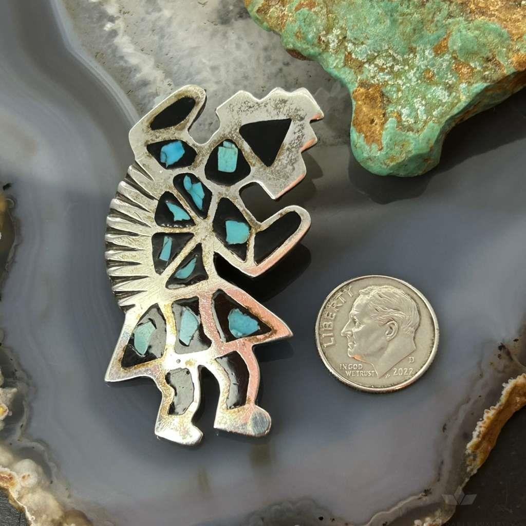 Vintage Native American Silver Turquoise Inlay Rainbow Man Brooch For Women