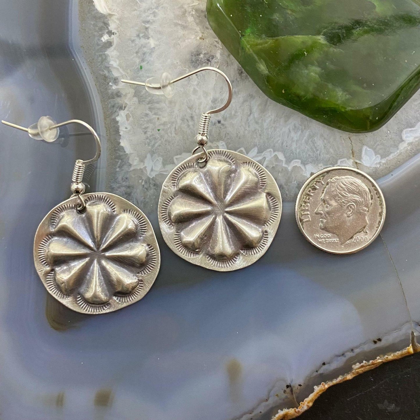 Sterling Silver Floral Repousse Dangle Earrings For Women